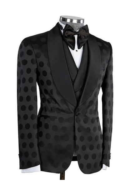 Black Dot Pattern Slim Fit Shawl Lapel 3 Piece Suit