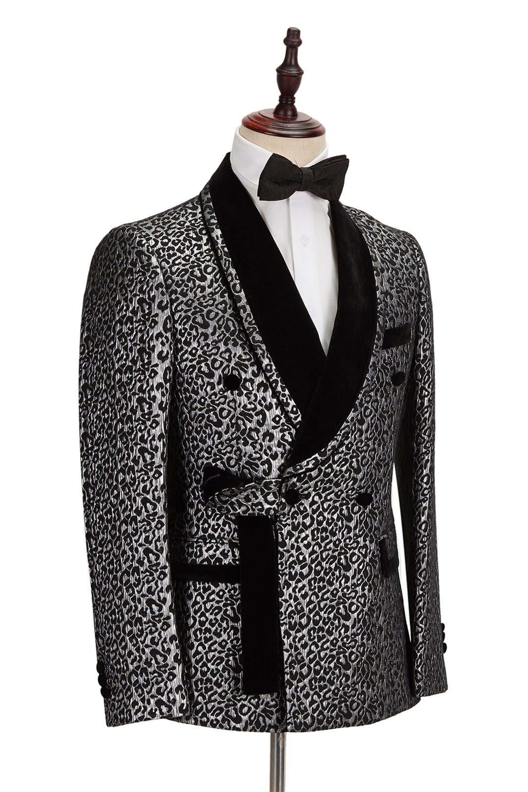 Black Classy Silver Leopard-print Jacquard Shawl Lapel Men Suit