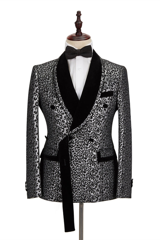 Black Classy Silver Leopard-print Jacquard Shawl Lapel Men Suit