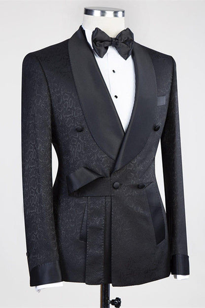 Black Double Breasted Shawl Lapel Jacuqard Suit