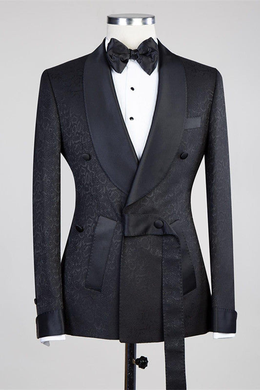 Black Double Breasted Shawl Lapel Jacuqard Suit