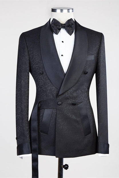 Black Double Breasted Shawl Lapel Jacuqard Suit