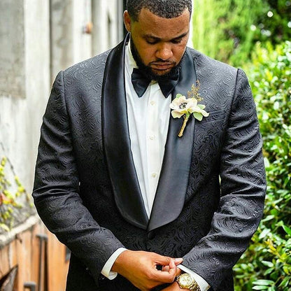 Black Jacquard Shawl Lapel Wedding Men's Suit