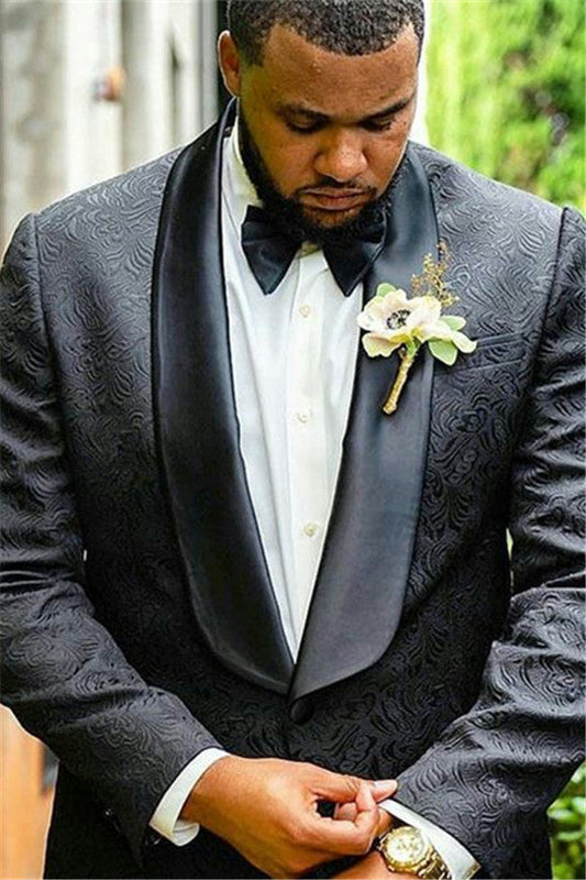 Black Jacquard Shawl Lapel Wedding Men's Suit