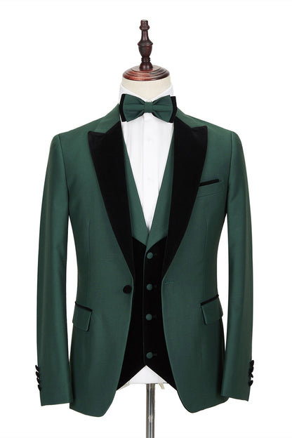 Black Peak Lapel Dark Green Velvet Banding Men Suit