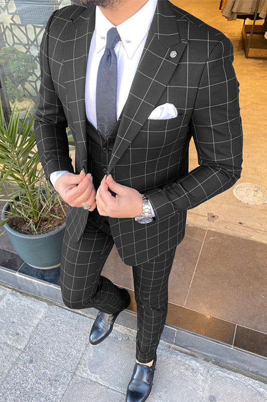 Black Plaid Peaked Lapel 3-Piece Suit