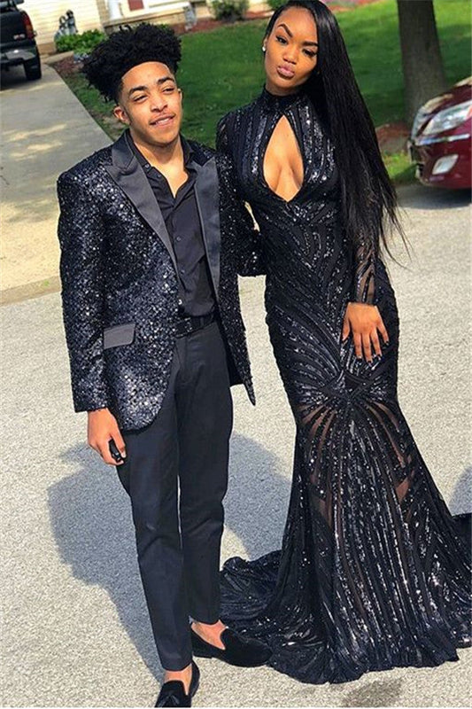 Black Sequins Peak Lapel 2 Piece Prom Outfit