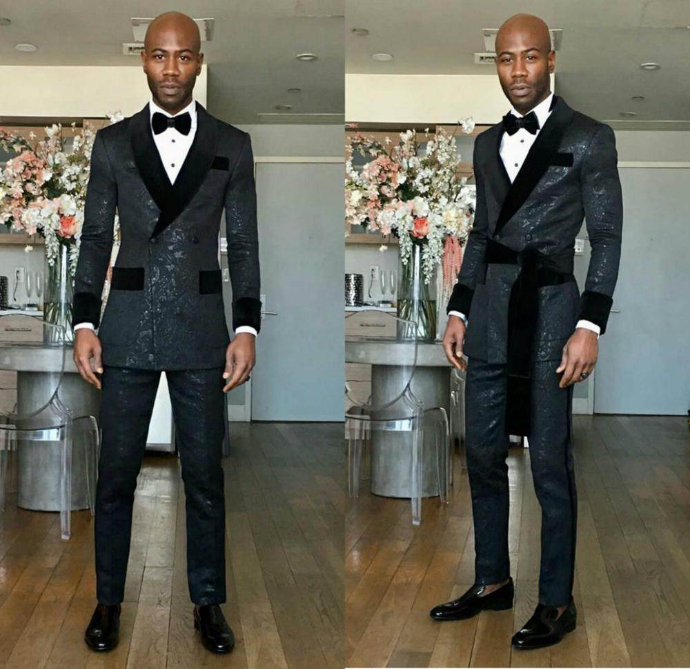 Black Shawl Lapel Double Breasted Slim Fit Wedding Groom Suits