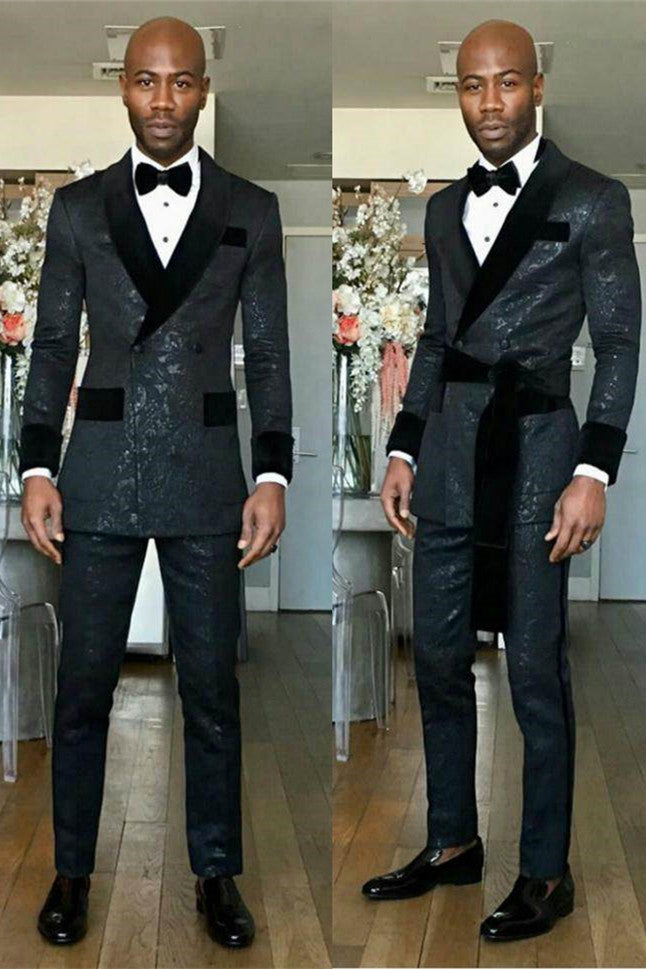 Black Shawl Lapel Double Breasted Slim Fit Wedding Groom Suits