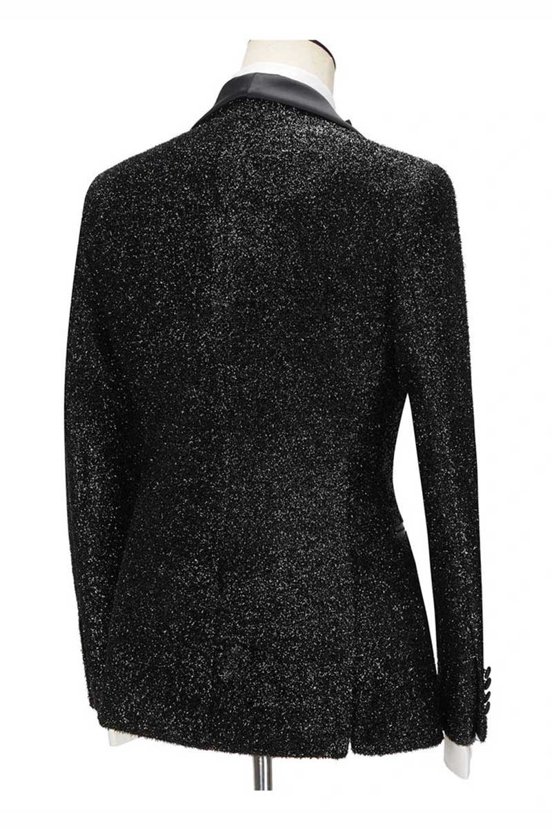 Sparkly Black 3 Piece Shawl Lapel Bespoke Suit