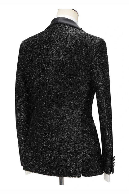 Sparkly Black 3 Piece Shawl Lapel Bespoke Suit