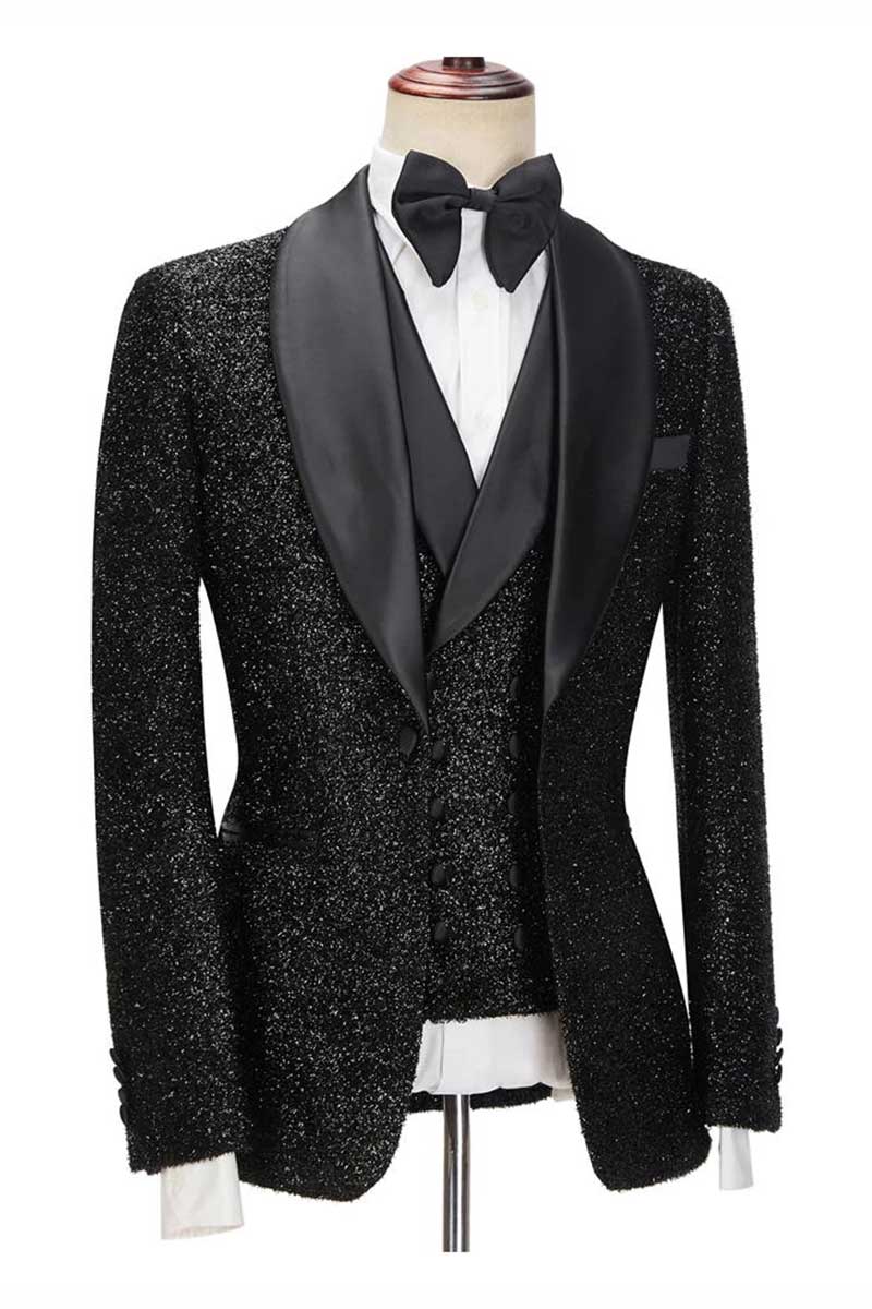Sparkly Black 3 Piece Shawl Lapel Bespoke Suit