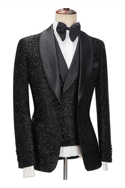 Sparkly Black 3 Piece Shawl Lapel Bespoke Suit
