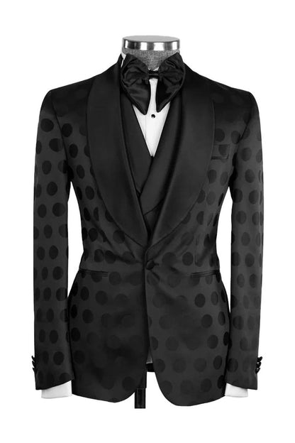 Black Dot Pattern Slim Fit Shawl Lapel 3 Piece Suit