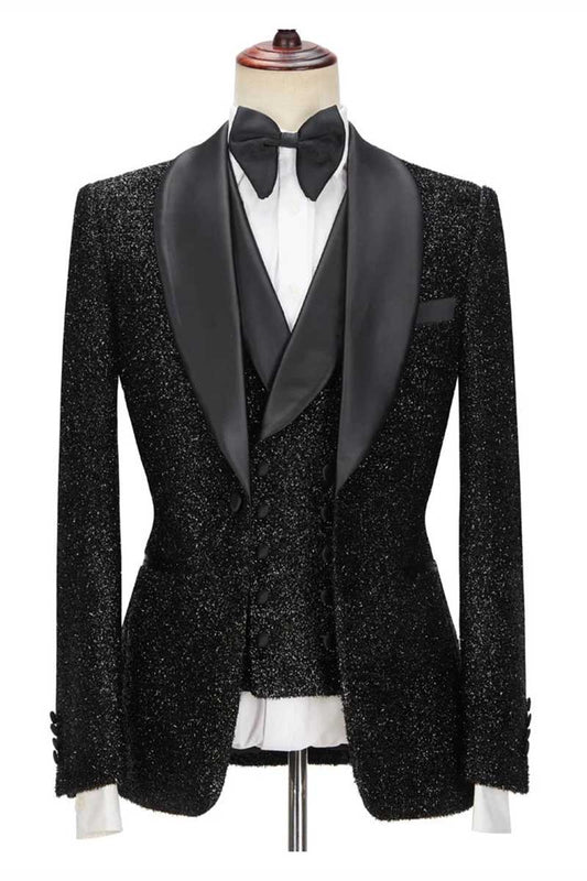 Sparkly Black 3 Piece Shawl Lapel Bespoke Suit