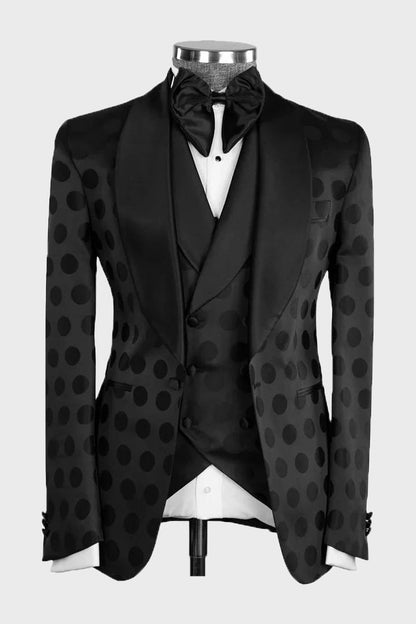 Black Dot Pattern Slim Fit Shawl Lapel 3 Piece Suit