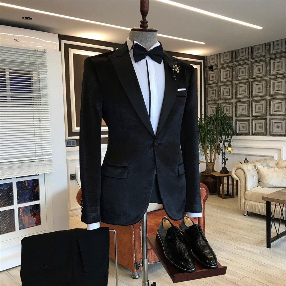 Stylish Black Peaked Lapel Velvet 2-piece Suit