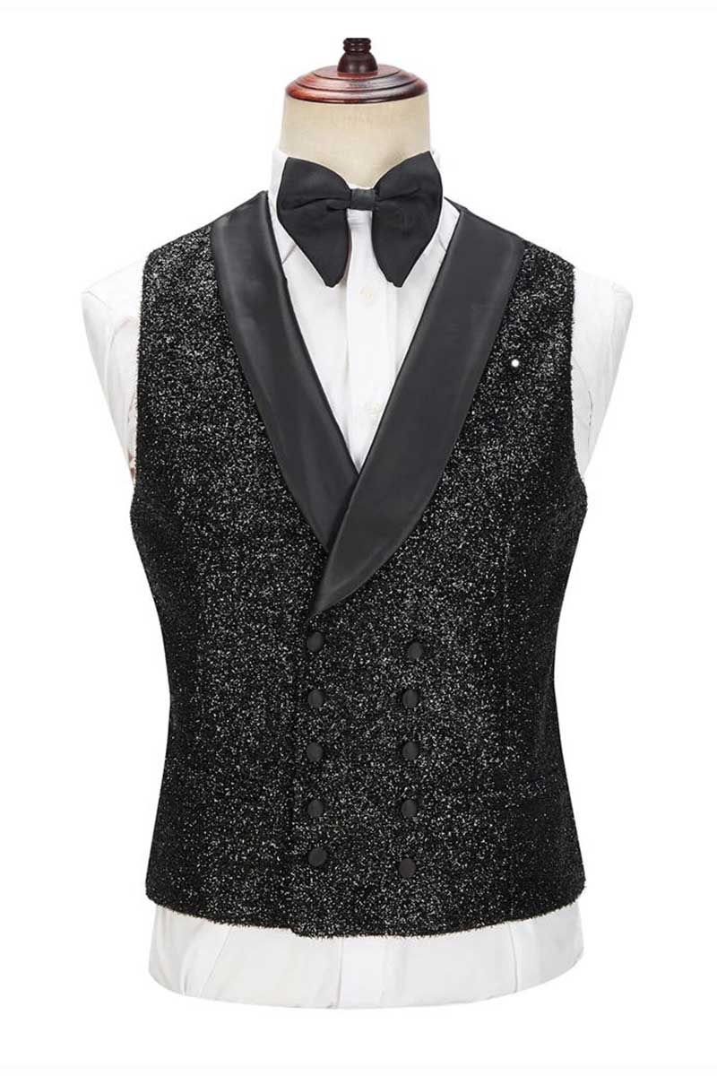 Sparkly Black 3 Piece Shawl Lapel Bespoke Suit