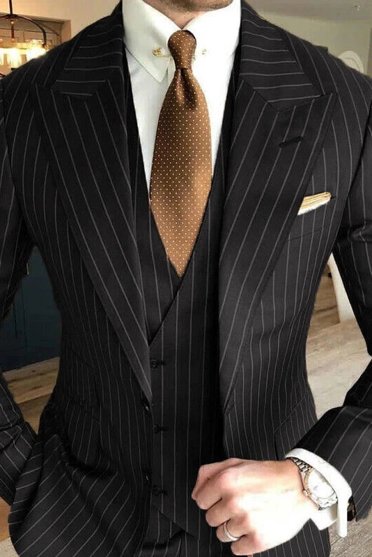 Black Pinstripe Peak Lapel 3-piece Suit