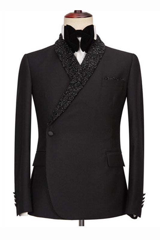 Sparkly Shawl Lapel Black One Button Wedding Prom Suit