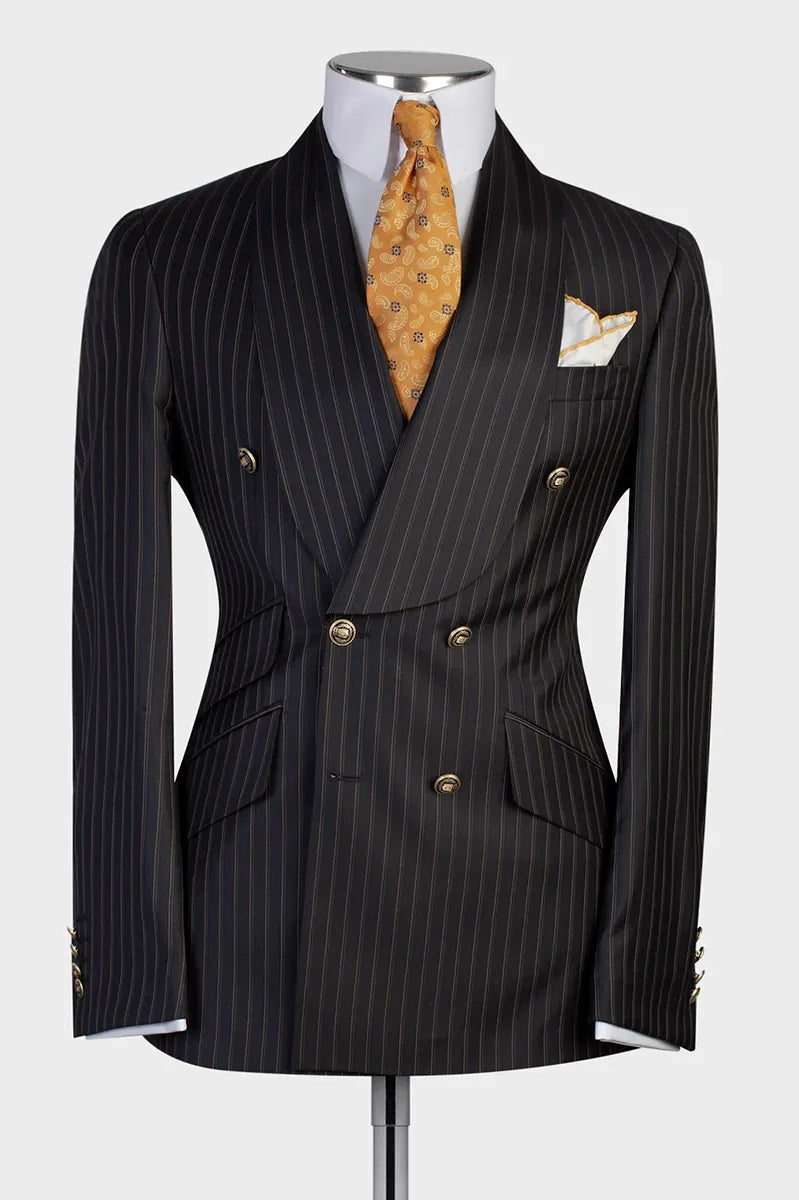 Black Double-breasted 2-piece Shawl Lapel Striped Suit