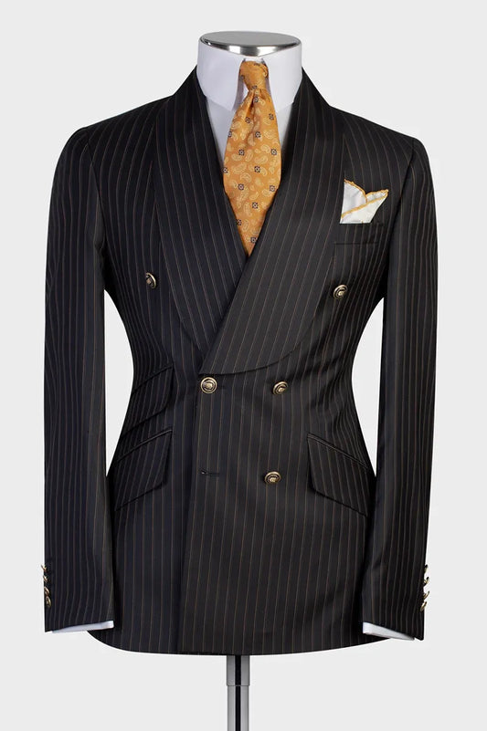Black Double-breasted 2-piece Shawl Lapel Striped Suit