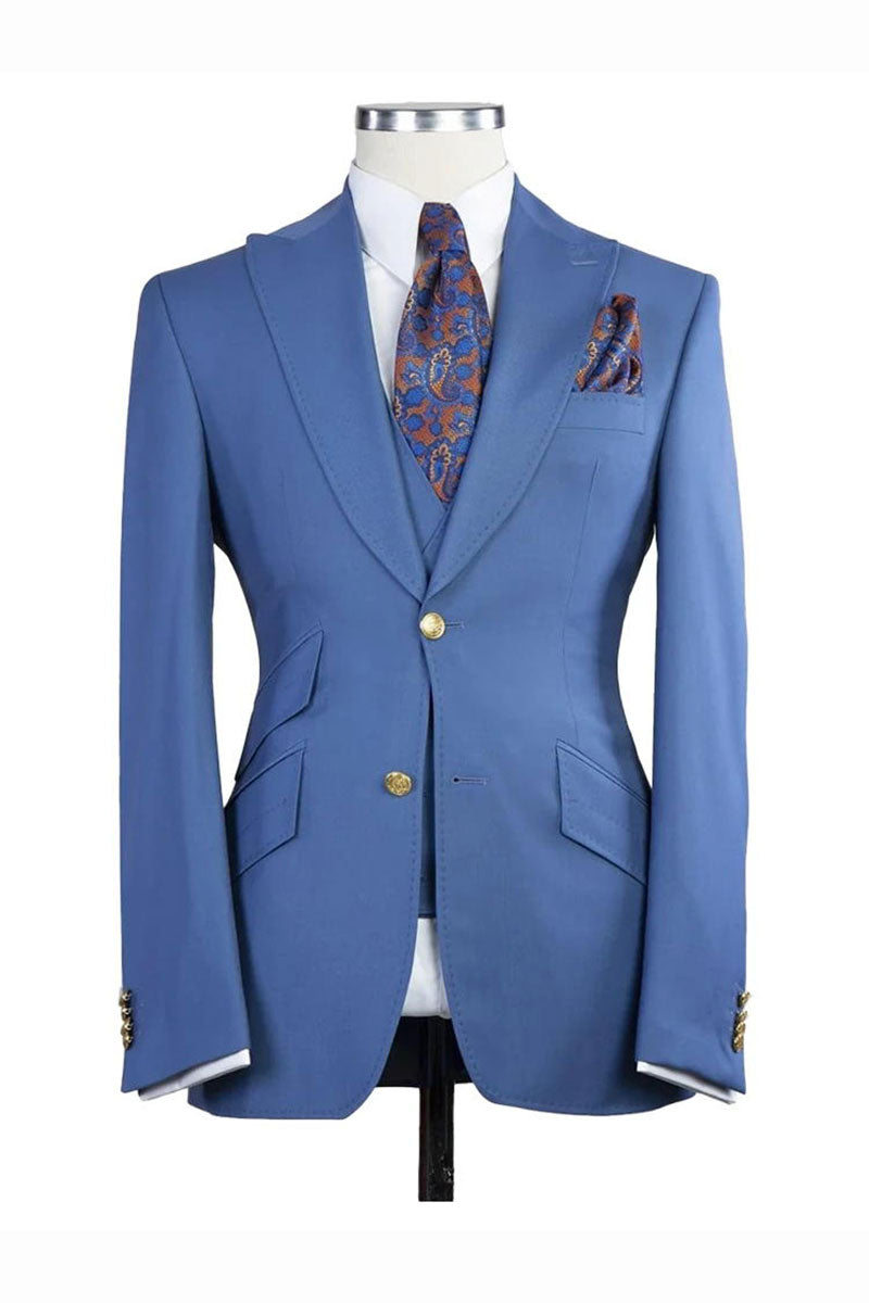 Blue Peak Lapel Men's 3 Piece Suit