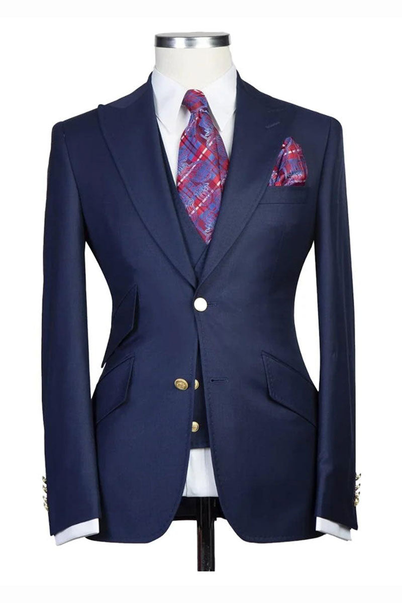 Navy Blue Peak Lapel Men's 3 Piece Suit