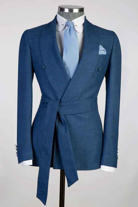 Blue 2-piece Shawl Lapel Tuxedo with Belted