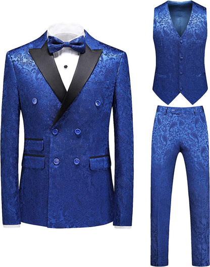 Blue Jacquard Double Breasted 3 Pieces Prom Suit