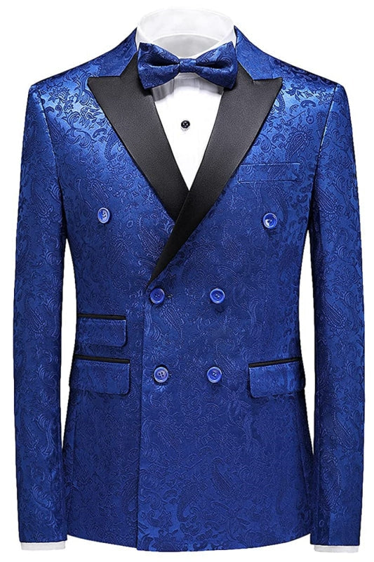 Blue Jacquard Double Breasted 3 Pieces Prom Suit