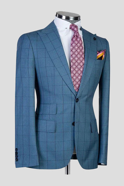 Blue Peak Lapel Single Breasted Plaid Suit