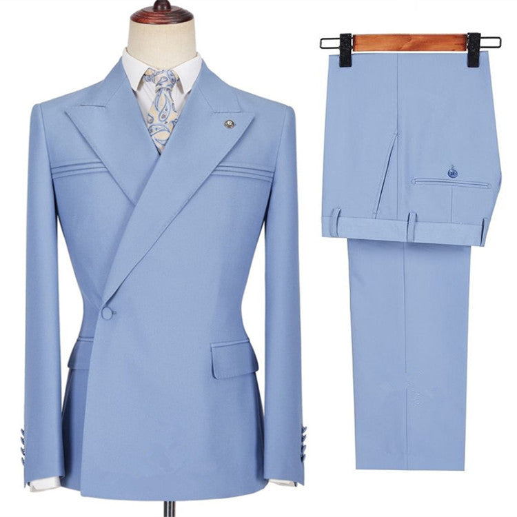 Blue Slim Fit Peaked Lapel Ruffles Designer Men Prom Suits