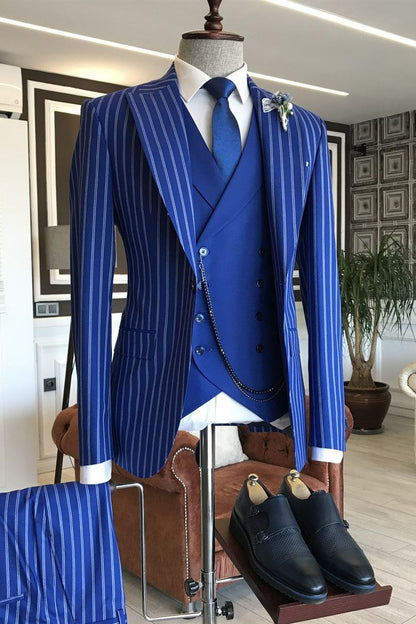 Blue Striped 3-pieces Peaked Lapel Formal Men's Suit