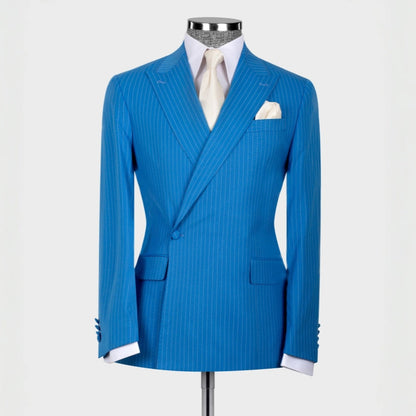 Blue Striped Peaked Lapel Custom Prom 2-Piece Suits