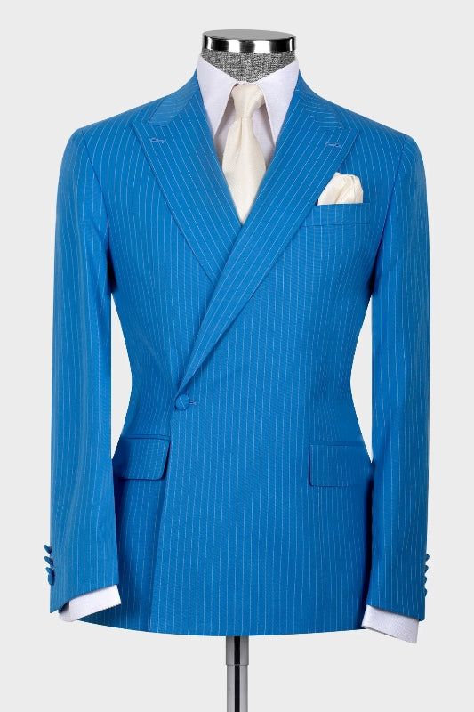 Blue Striped Peaked Lapel Custom Prom 2-Piece Suits