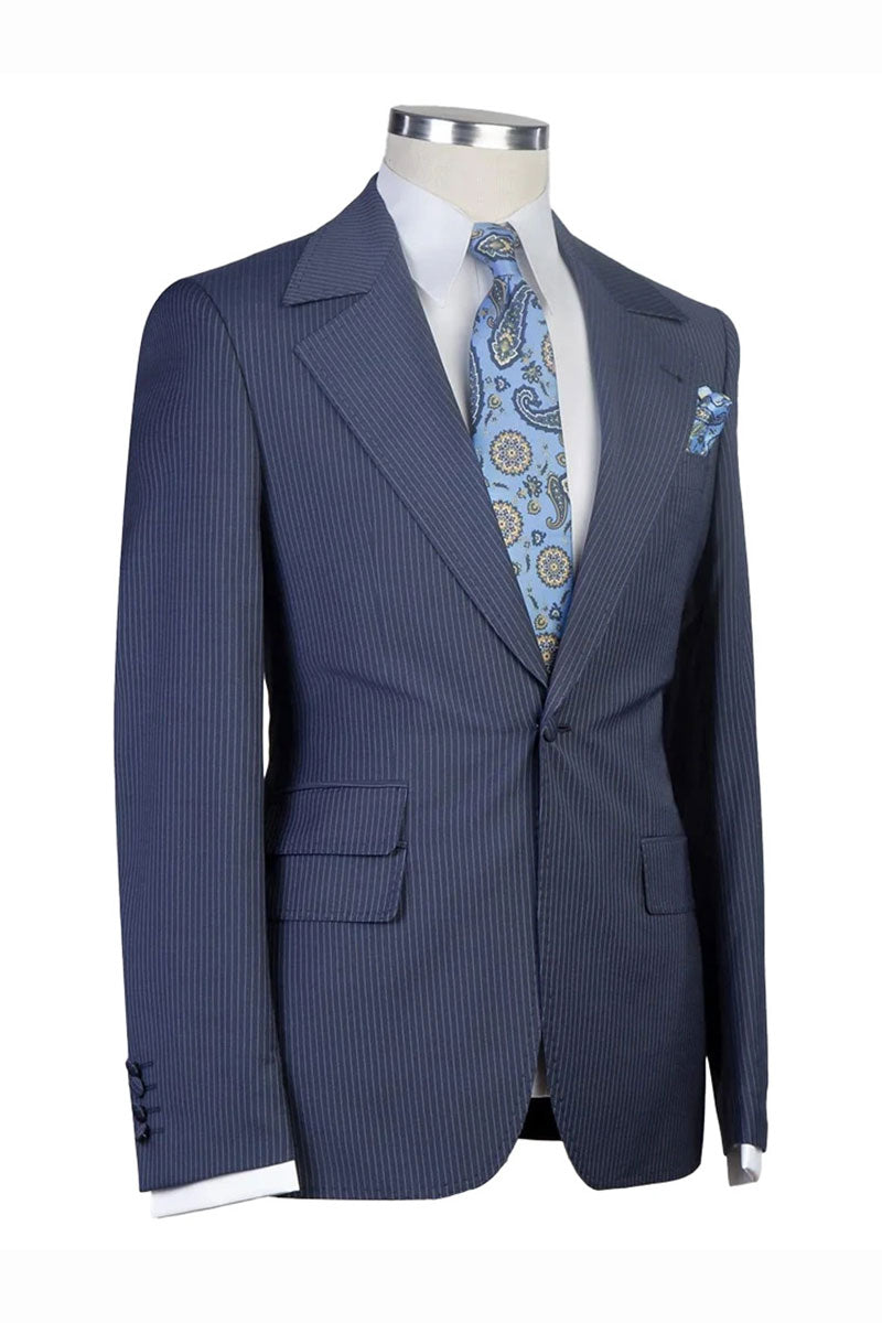 Navy Blue Striped Notch Lapel 3-piece Classic Suit