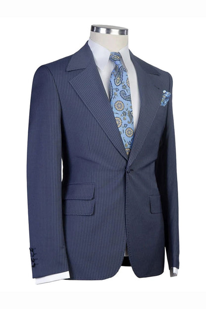 Navy Blue Striped Notch Lapel 3-piece Classic Suit