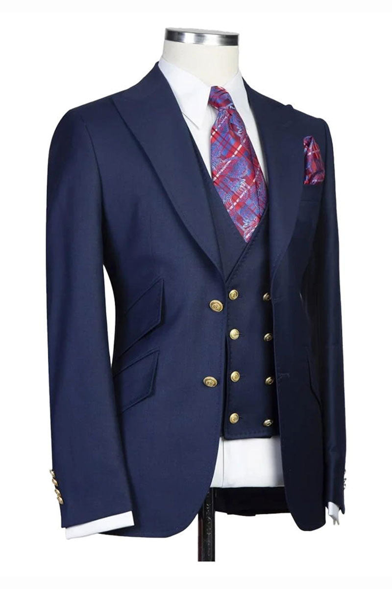 Navy Blue Peak Lapel Men's 3 Piece Suit