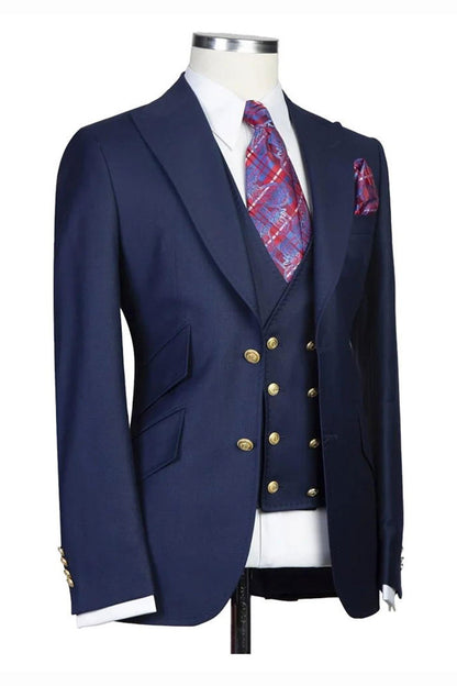 Navy Blue Peak Lapel Men's 3 Piece Suit