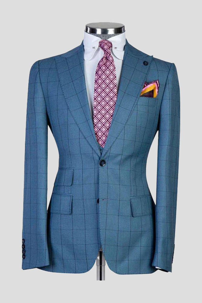 Blue Peak Lapel Single Breasted Plaid Suit