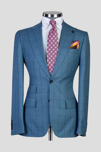 Blue Peak Lapel Single Breasted Plaid Suit