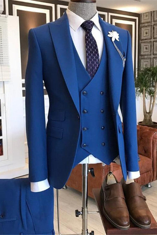 Blue Three-Pieces Peaked Lapel Men Prom Suits