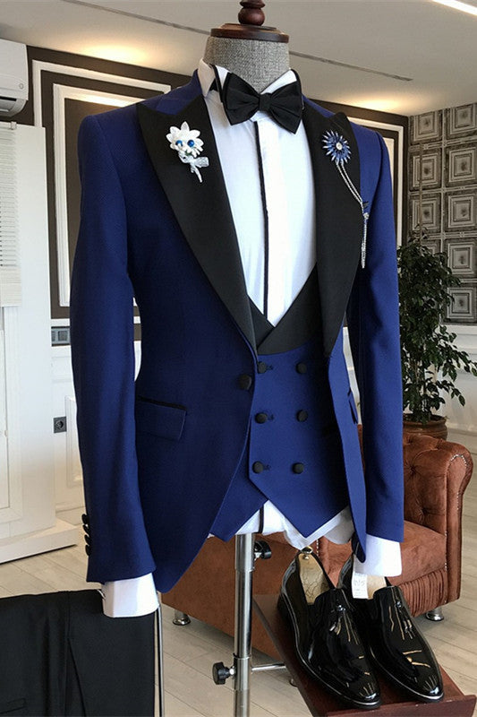 Blue Three Pieces with Black Peaked Lapel Slim Fit Prom Suits