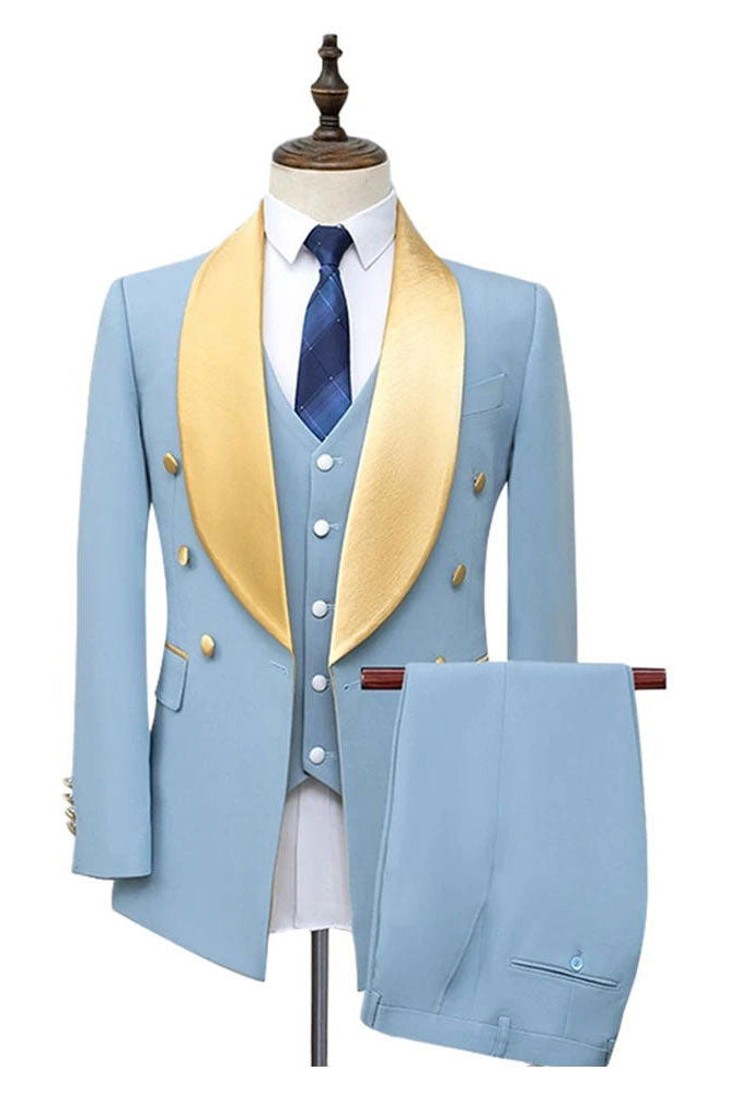 Sky Blue Golden Shawl Lapel Double Breasted Tuxedo