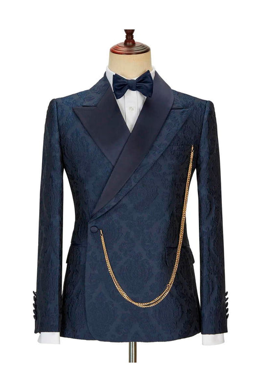 Navy Blue 2 Piece Jacquard Peaked Lapel Floral Tuxedo