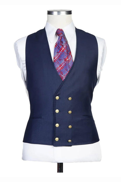 Navy Blue Peak Lapel Men's 3 Piece Suit
