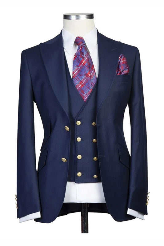 Navy Blue Peak Lapel Men's 3 Piece Suit