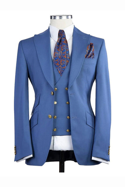 Blue Peak Lapel Men's 3 Piece Suit