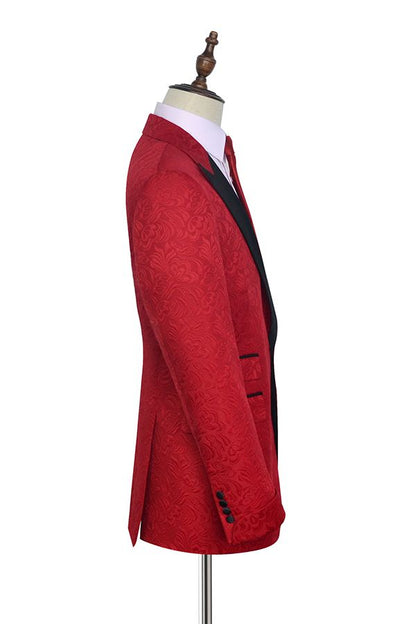 Bright Red Jacquard Peak Lapel with Black Silk Classy Mens Suits